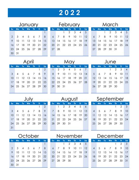 12 Month Calendar Template 2022